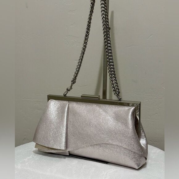 Metallic Pink Leather Handmade Asymmetrical Ruffles, Push Lock Clutch/Crossbody - Picture 7 of 14
